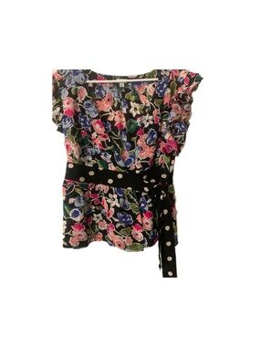 Odille Black Floral Wrap Top with Polka Dot Waist Sash
